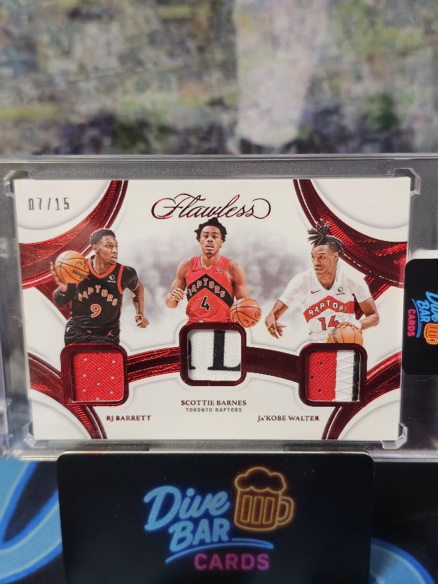 RJ Barrett Ja'Kobe Walter Scottie Barnes 2024 Panini Flawless Triple Patches Ruby SN15 Raptors Card