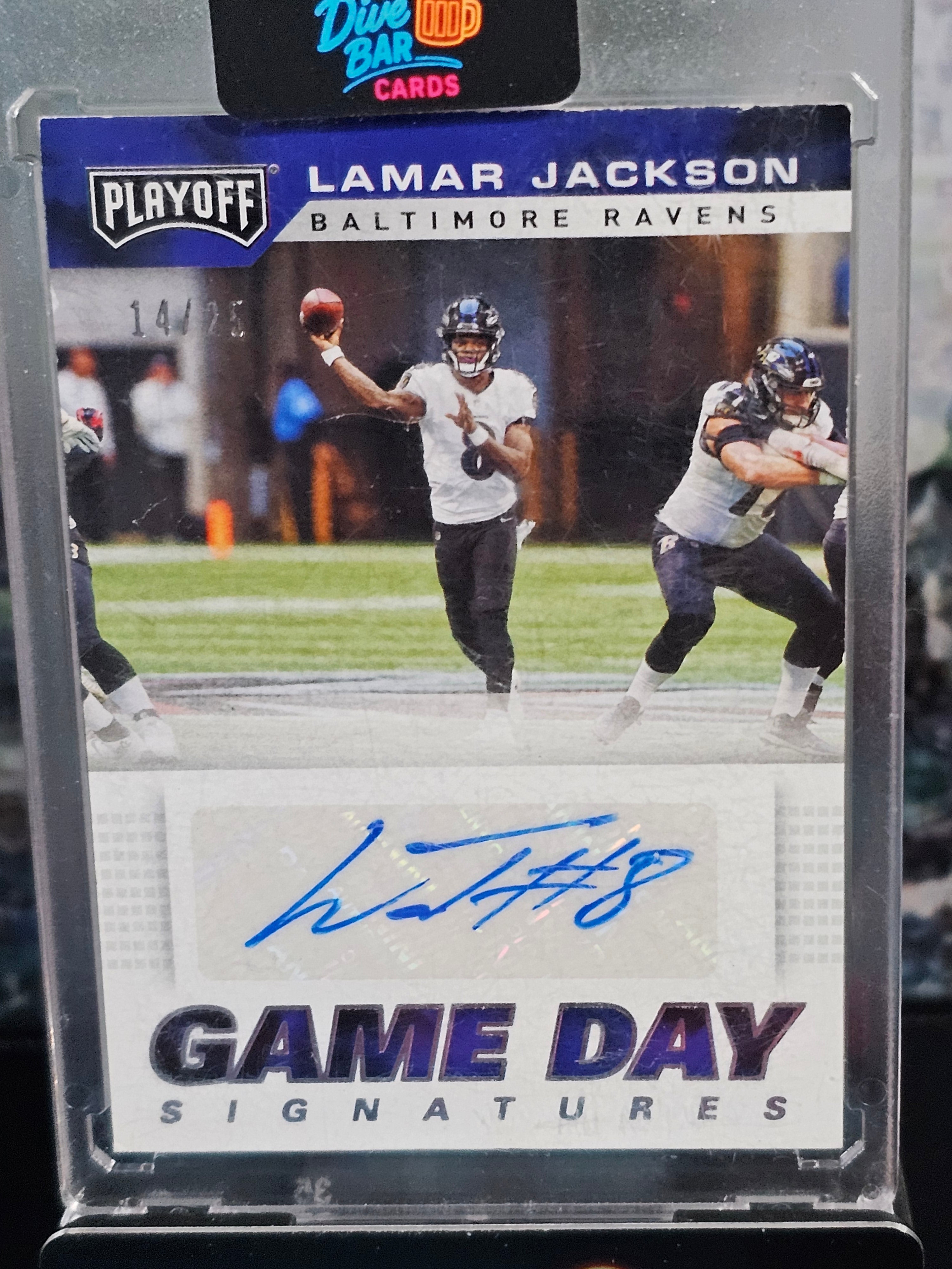 Lamar Jackson 2019 Panini Playoff Game Day Signatures AU SN25 Ravens Autograph Card
