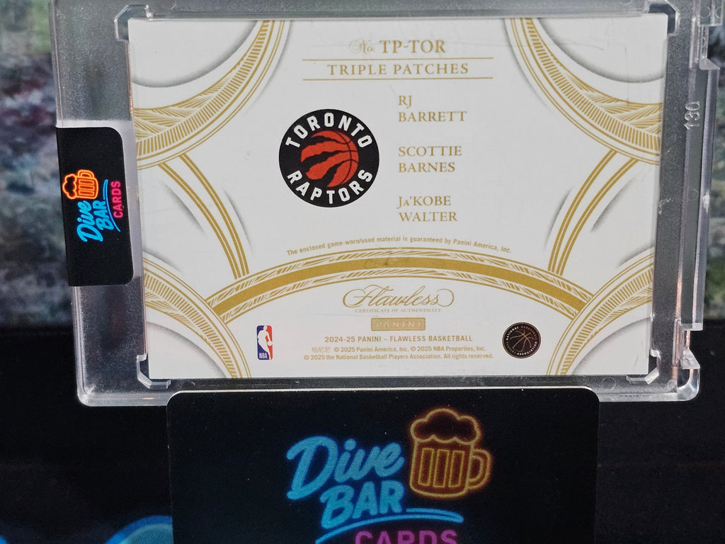 RJ Barrett Ja'Kobe Walter Scottie Barnes 2024 Panini Flawless Triple Patches Ruby SN15 Raptors Card