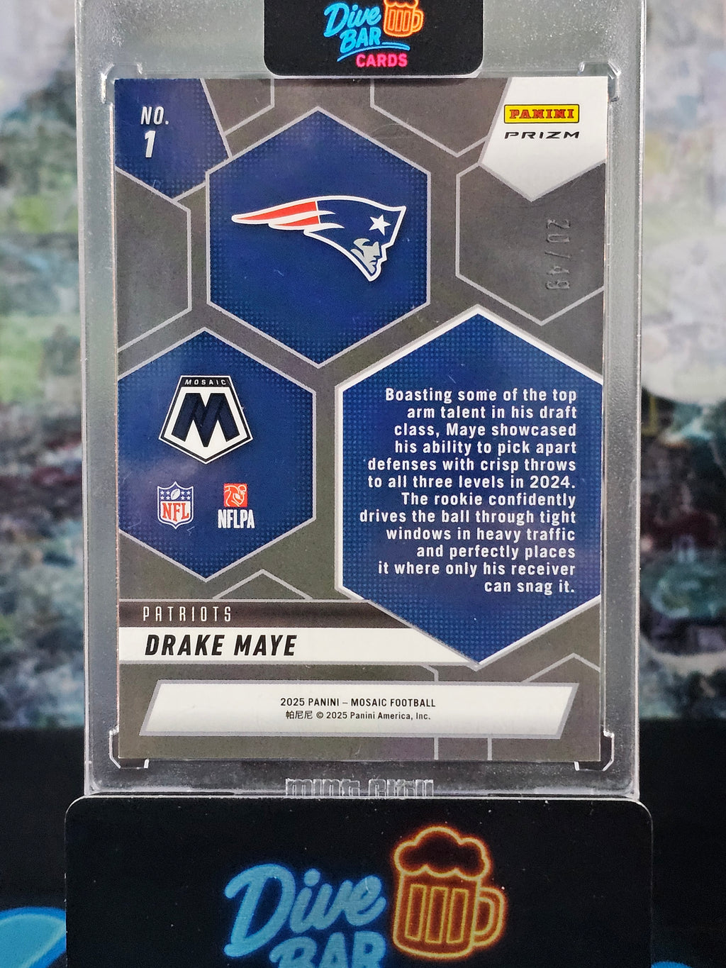 2025 Panini Mosaic Purple Drake Maye Rookie Card SP Numbered Parallel