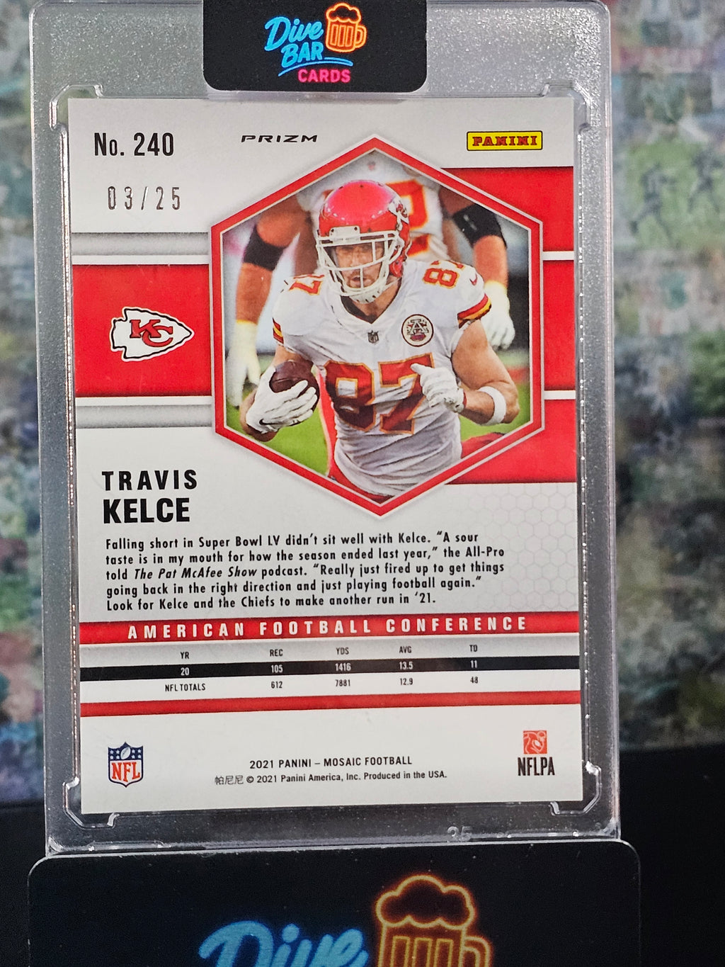 Travis Kelce 2021 Panini Mosaic Prizm Orange Fluorescent SN25 Raw Card