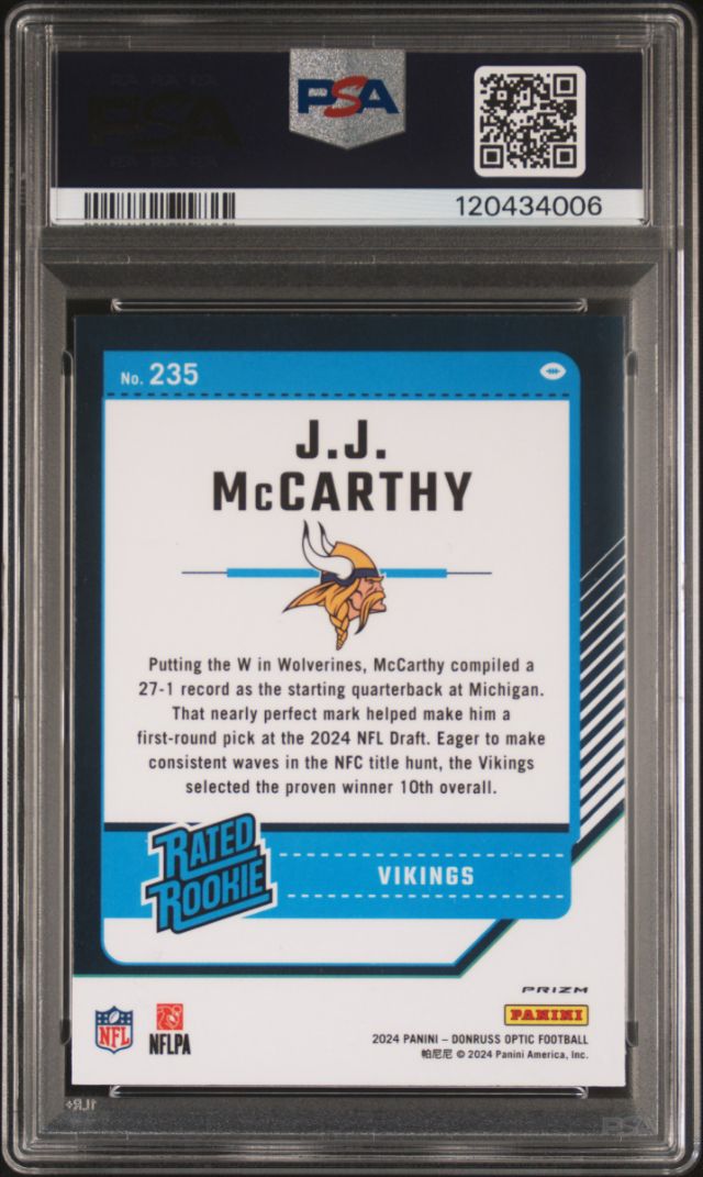 JJ McCarthy 2024 Donruss Optic Jazz PSA 9 Trading Card.